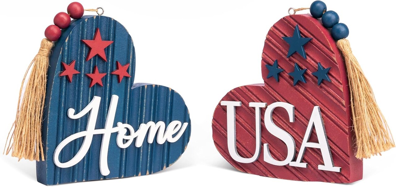 2-Piece 4th of July Table Decorations – Wooden Patriotic Heart Centerpieces, Red, White & Blue Memorial Day & Independence Day Home Decor, 6-Inch